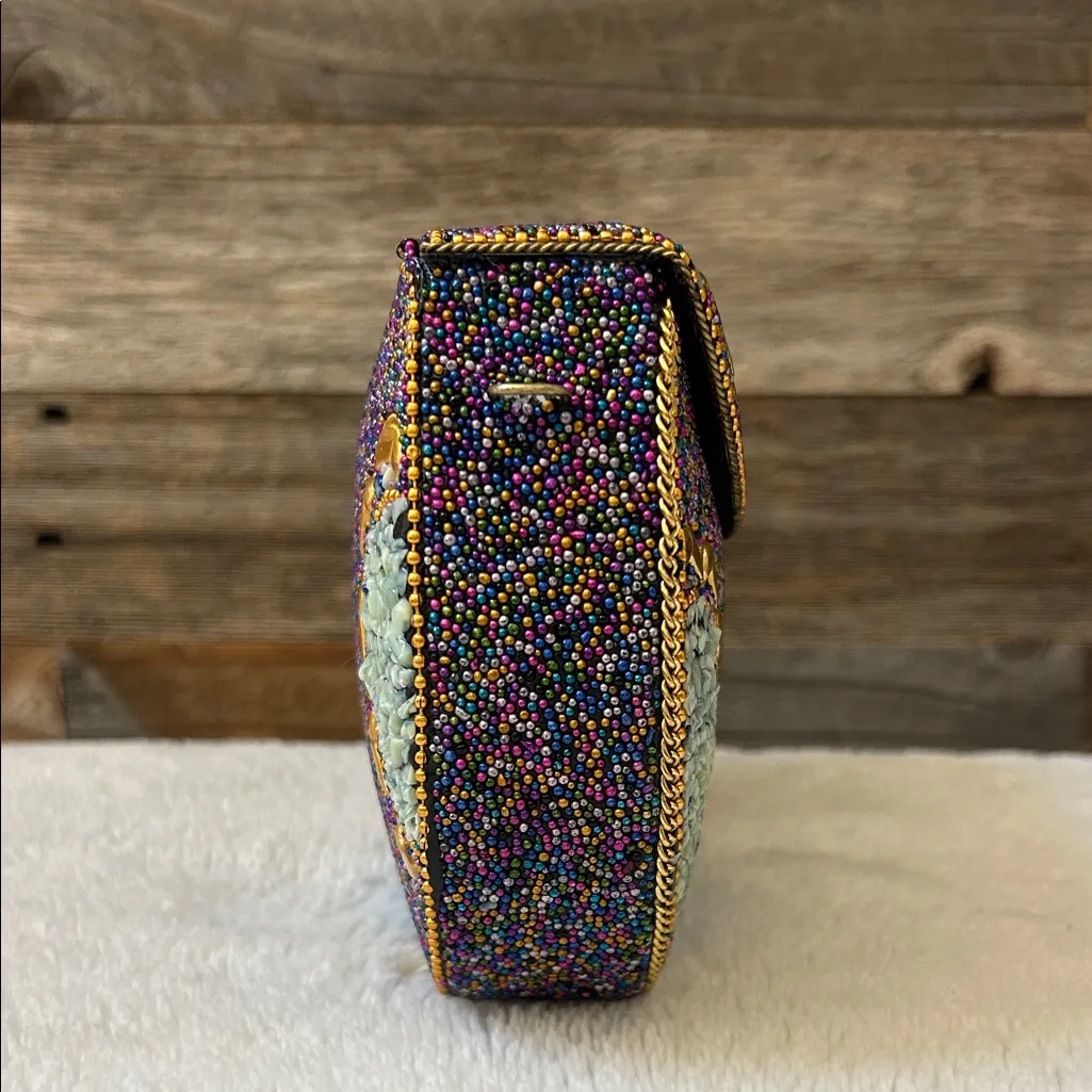 Ramla Handmade Multicolor Beaded Mosaic Clutch Bag With Gold Chain Brand New Blue - Image 2
