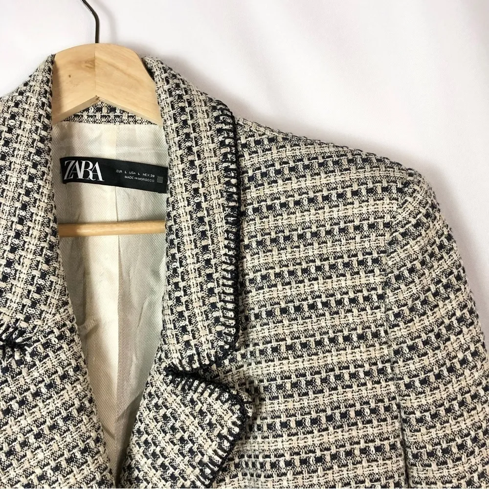 Zara Double Breasted Textured Weave Sand & Blue Blazer Jacket L - Image 4