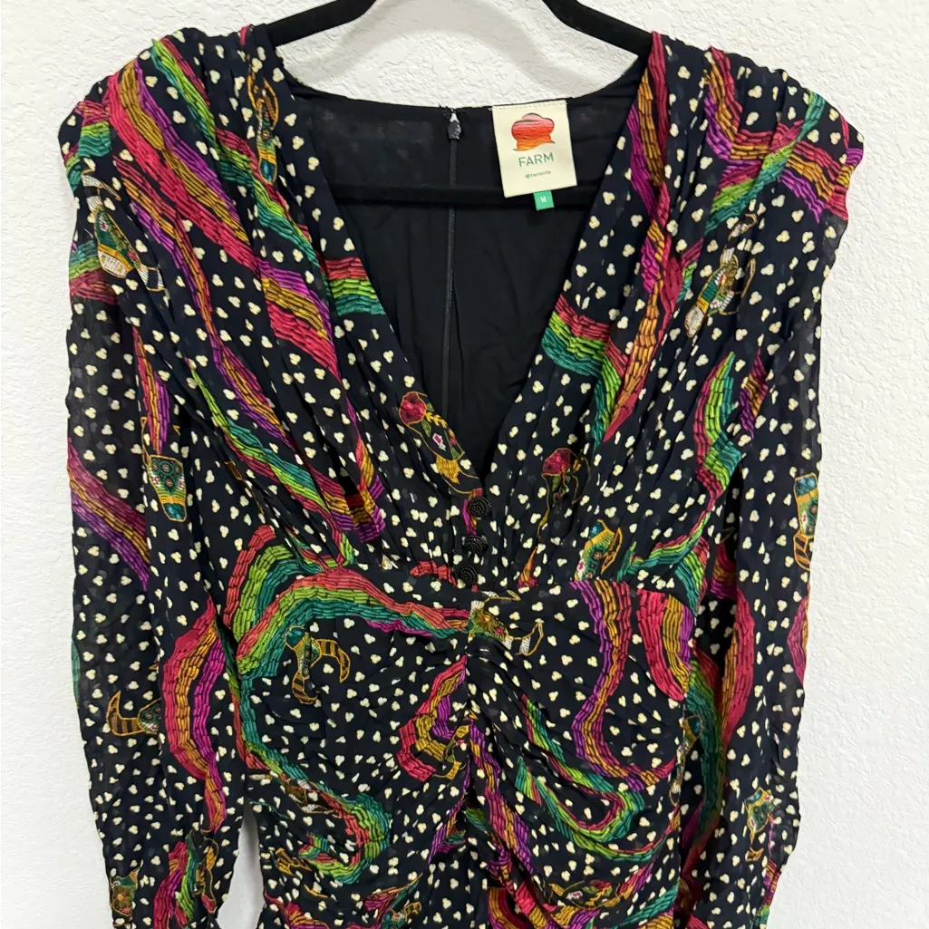 FARM Rio Mini Dress Rainbow Oxen Polka Dot Print Flowy Long Sleeve Size M Medium - Image 6
