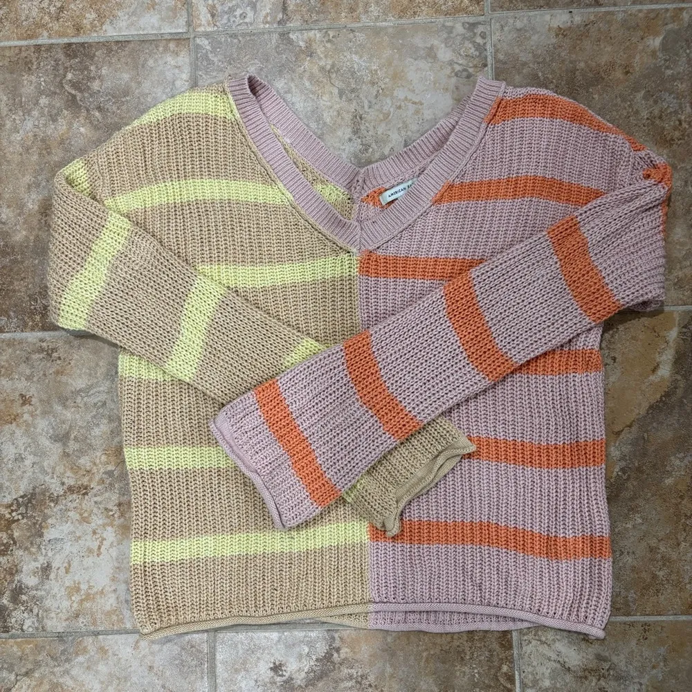 American Eagle V-Neck Colorblock Striped Knit Sweater - Image 2