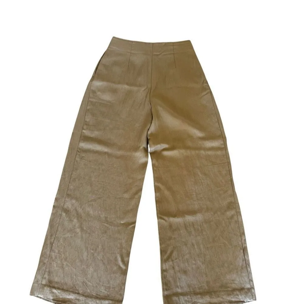 Zara Beige Tan Pleated Viscose Wide Leg Y2K High Waist  Trouser Pants SZ S #2434 - Image 5