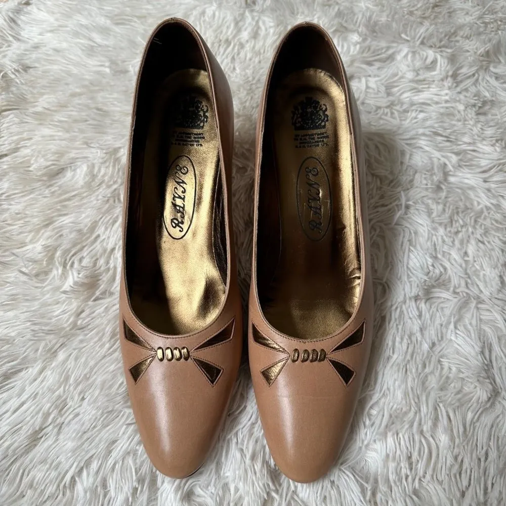 H&M Rayne Ltd. Tan & Gold Leather Almond Toe Pumps Luxury British Footwear Sz 8 - Image 4
