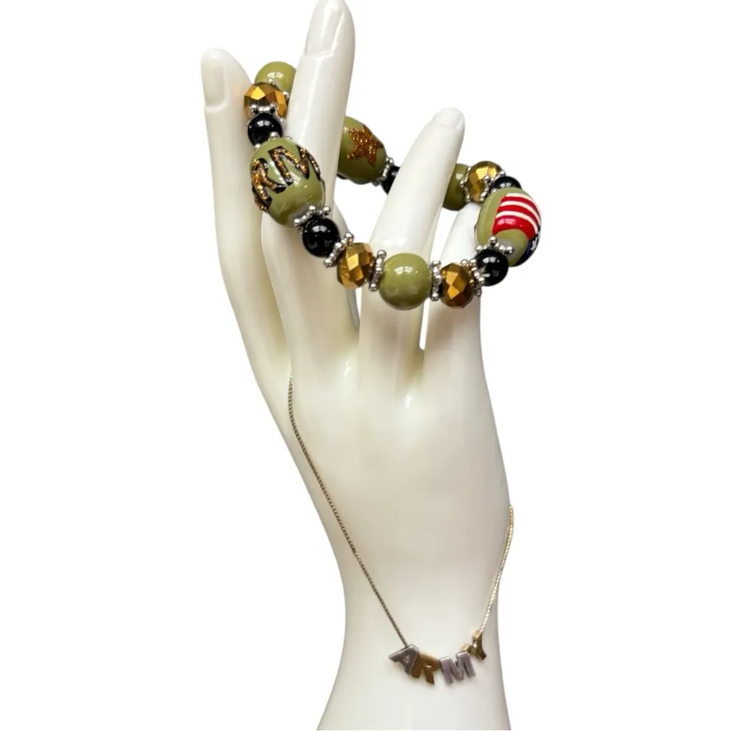 Alex and Ani Sterling Silver Army Bracelet & Stretch Beaded Army Bracelet EUC - Image 9