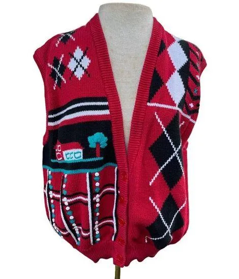 Vintage Red Koret Cotton Large Sweater Vest, Layering Vest, Womens Sweater Vest - Image 1