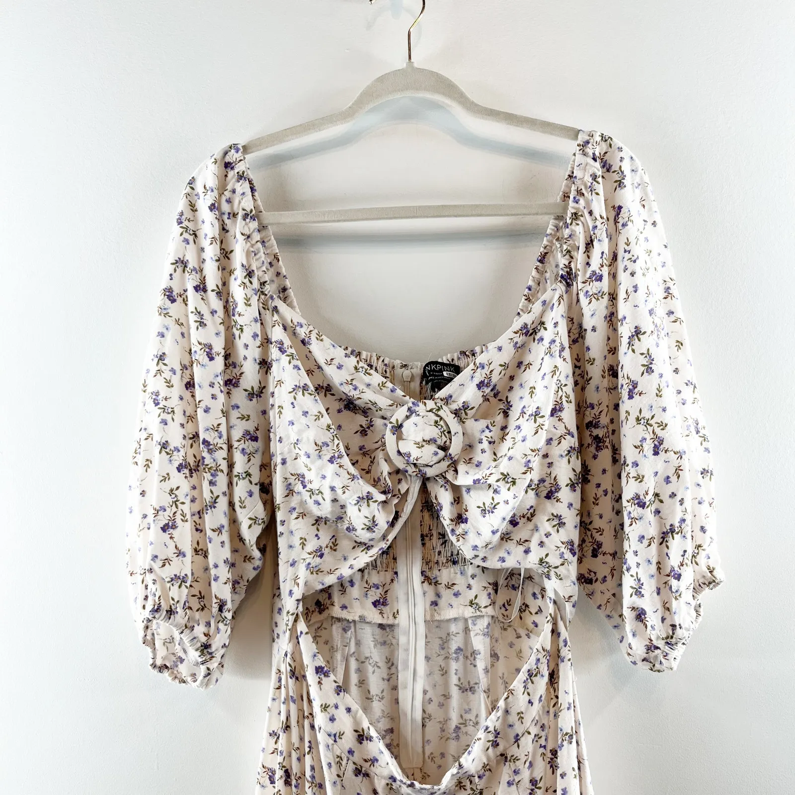 MINKPINK Hailey Floral Puff Sleeve Cutout Midi Dress White Purple XL - Image 6