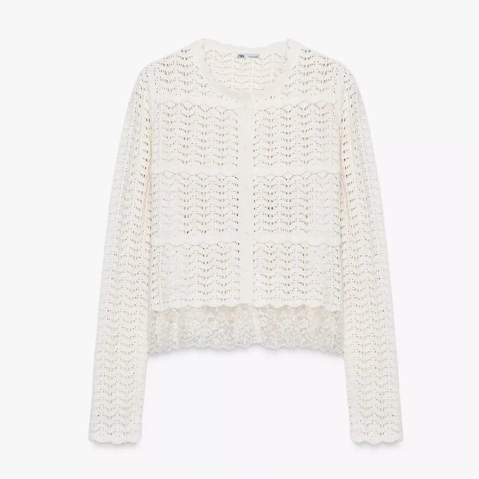 Zara NWT off white ivory knit textured detailed button front cardigan lace trim - Image 8