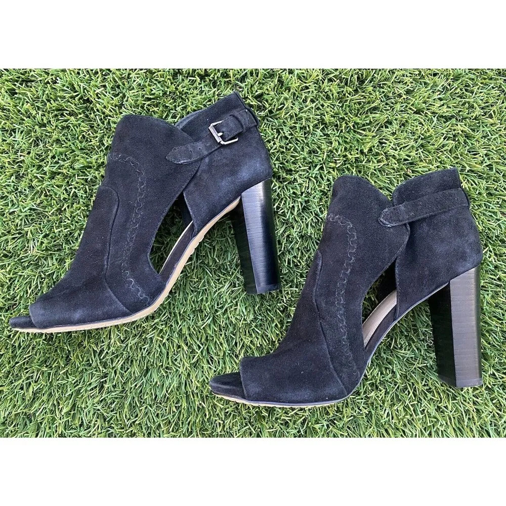 Vince Camuto Conley Black True Suede Buckle Open Toe Cut Out Block Bootie 7.5M - Image 7