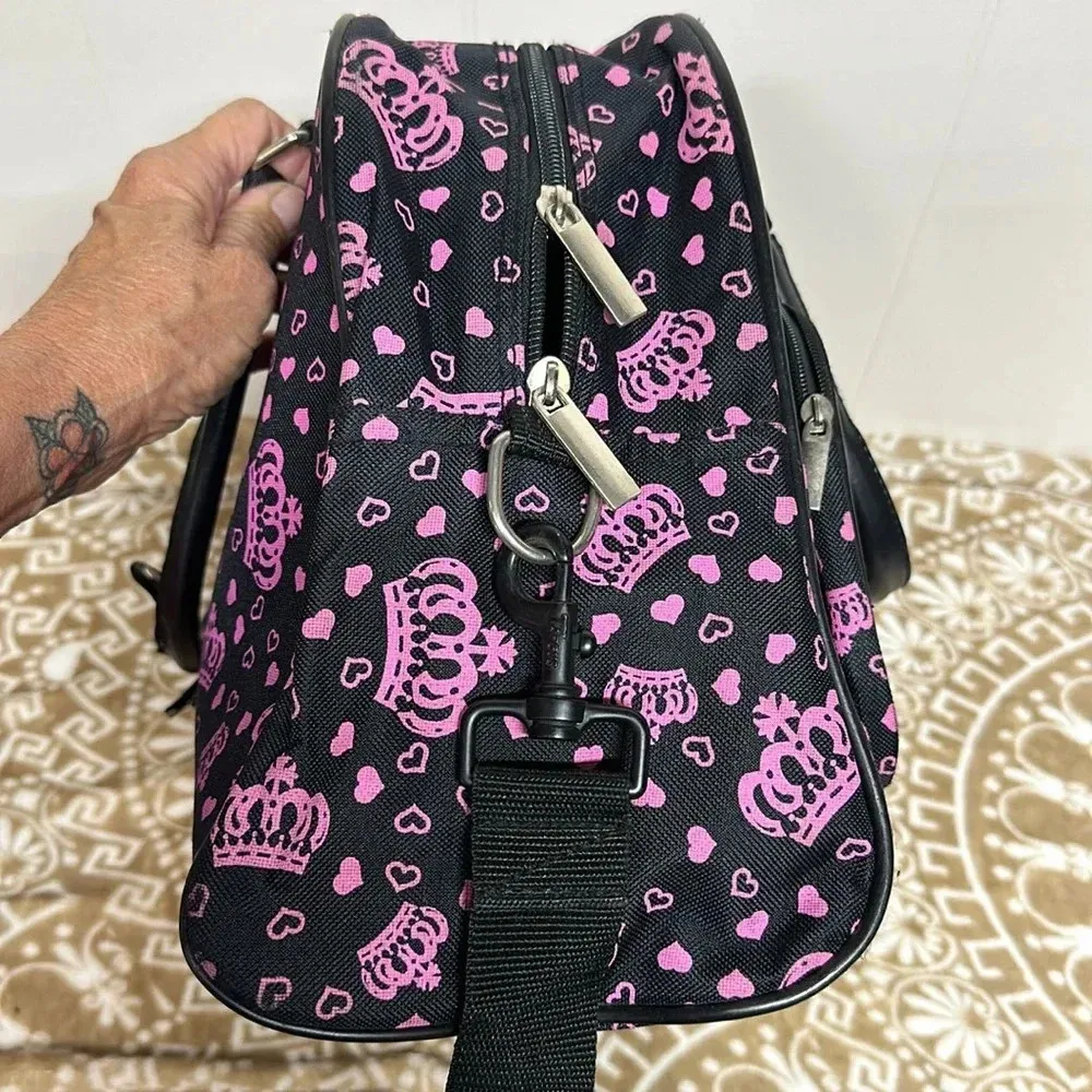 J Gorden Black Pink Rhinestone Crown Double Handle Travel Overnight Carry On Bag Purple - Image 6