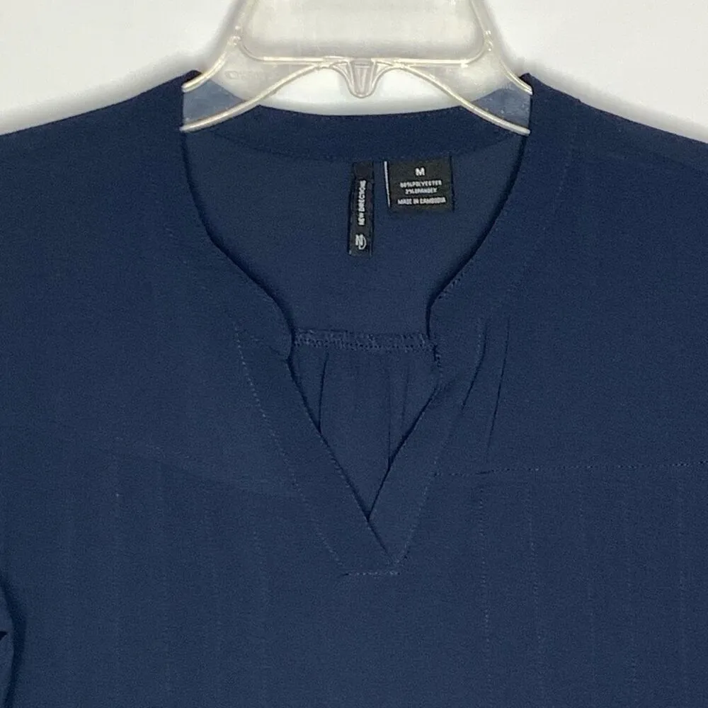 New Directions Women's Rolled Up Sleeve Split Neck Blouse Navy Blue Size Medium - Image 4