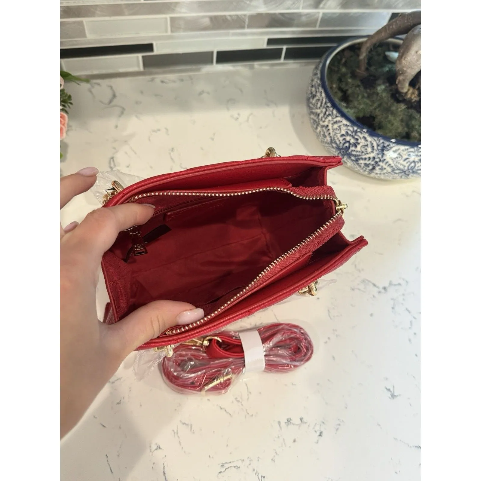 Badgley Mischka Red Quilted Bag With Gold Accents New With Tags MSRP $129 - Image 6