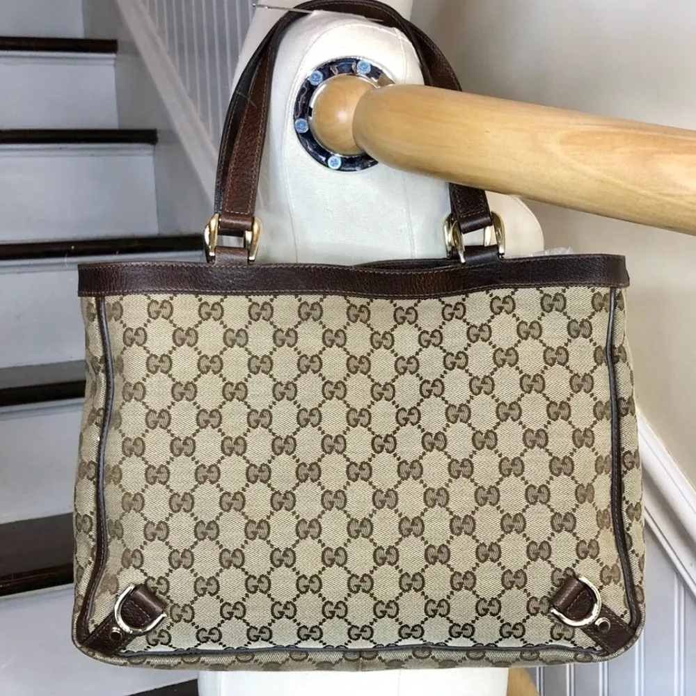 GUCCI Jacquard GG Monogram D Ring E/W Tote Shoulder Bag Zipper Compartment - Image 7