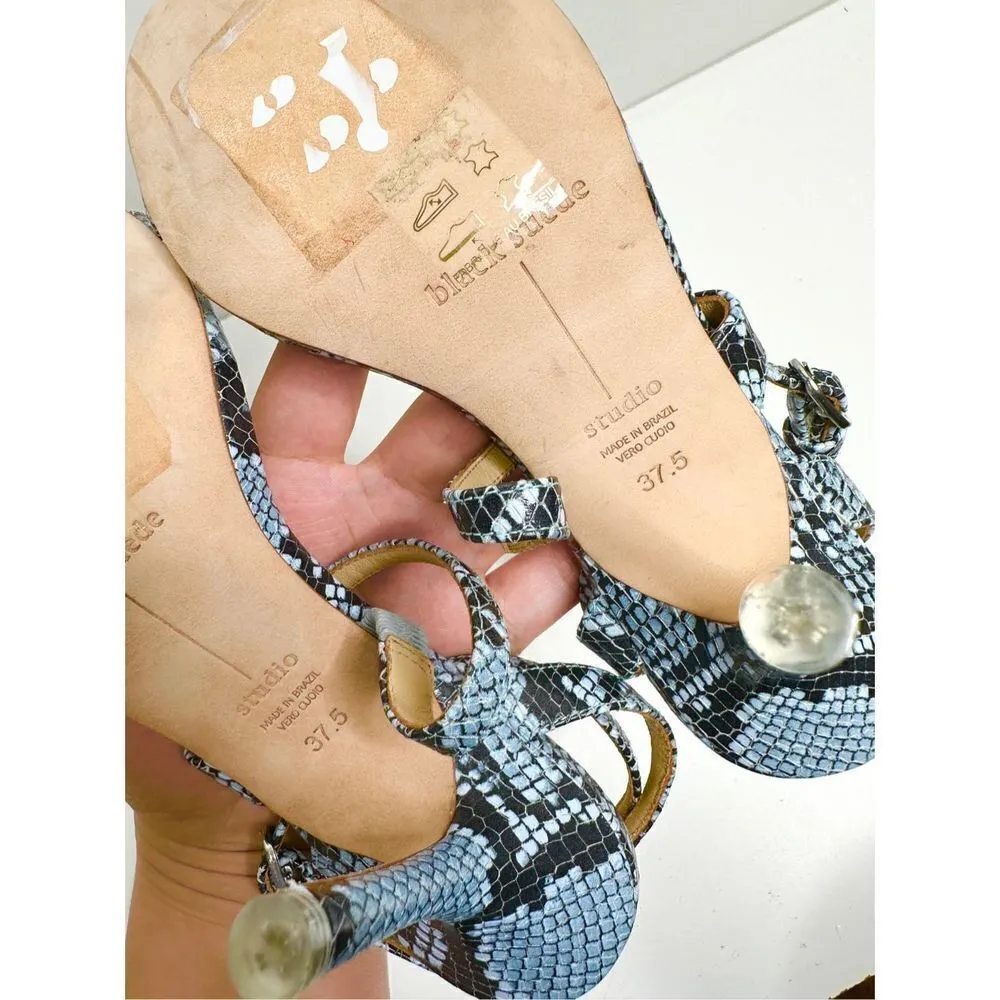 Black Suede Studio Sandals Womens Size 7 Blue Black Leather Gwen Snake Print - Image 11