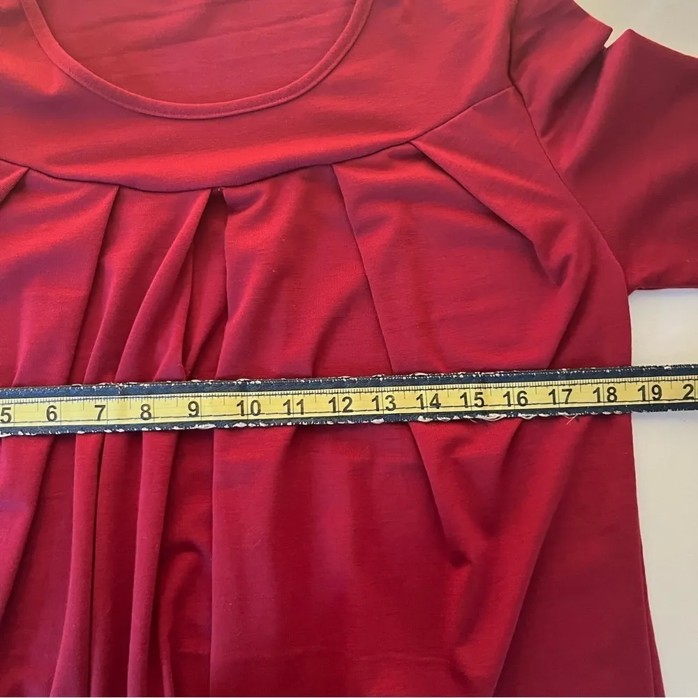 Women Pleated Flowy Top 3/4 Roll Sleeve Casual Loose Blouse Red Medium - Image 8