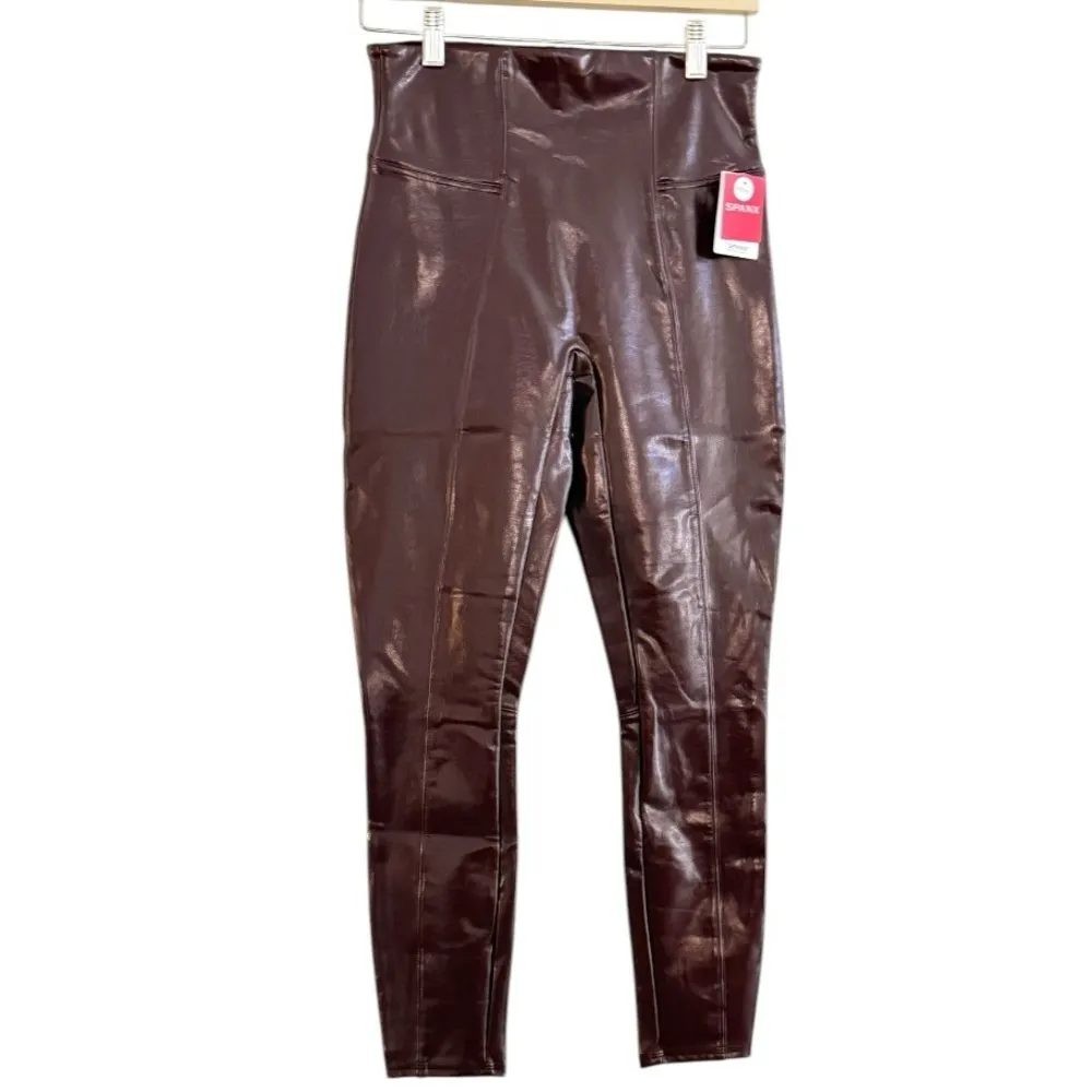 SPANX Faux Leather Patent Leather Ankle Leggings Ruby Red Burgundy Size MP NEW - Image 3