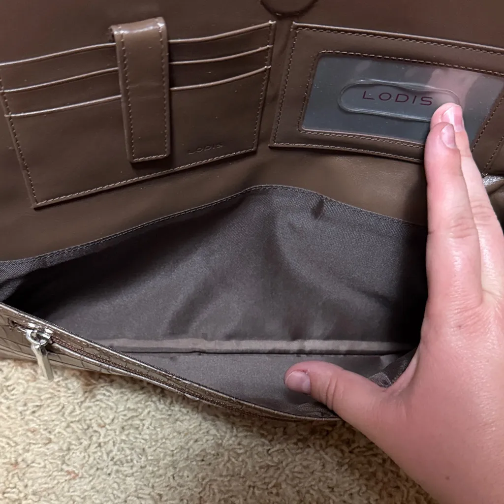 Lodis Brown Crocodile Embossed Clutch - Image 3