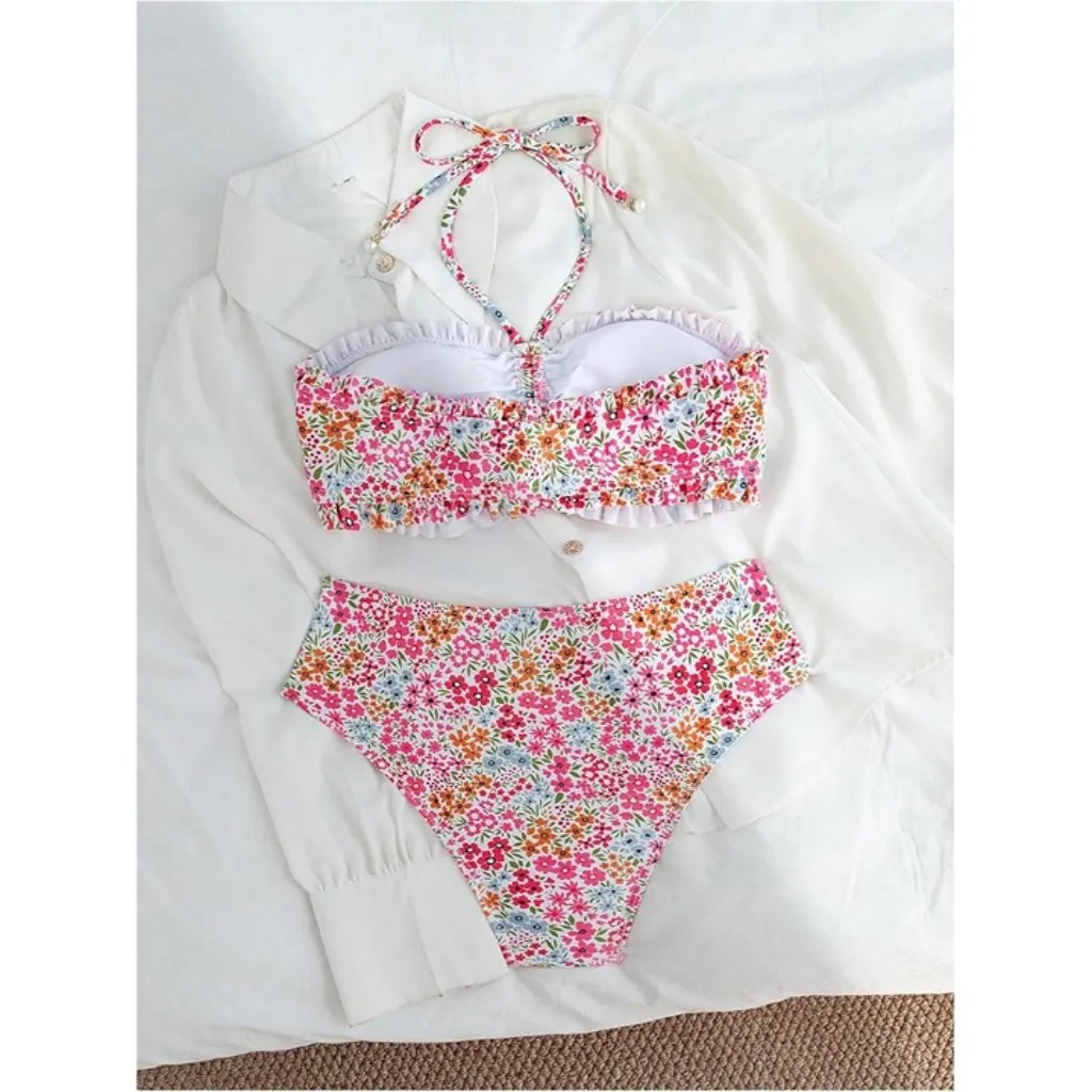 Colorful Floral Strapless Swimsuit Tie Front Two Piece High Waist Bikini MEDIUM - Image 5