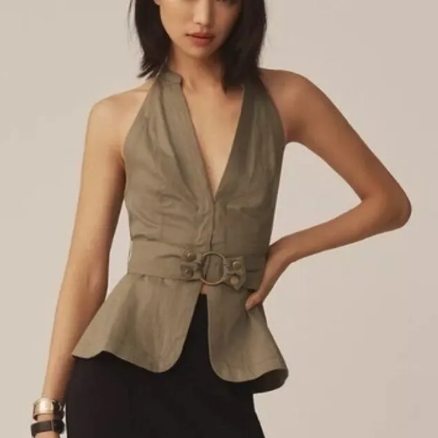 ANTHROPOLOGIE Belted Halter Top Open Back Moss Green Size XL NEW - Image 1