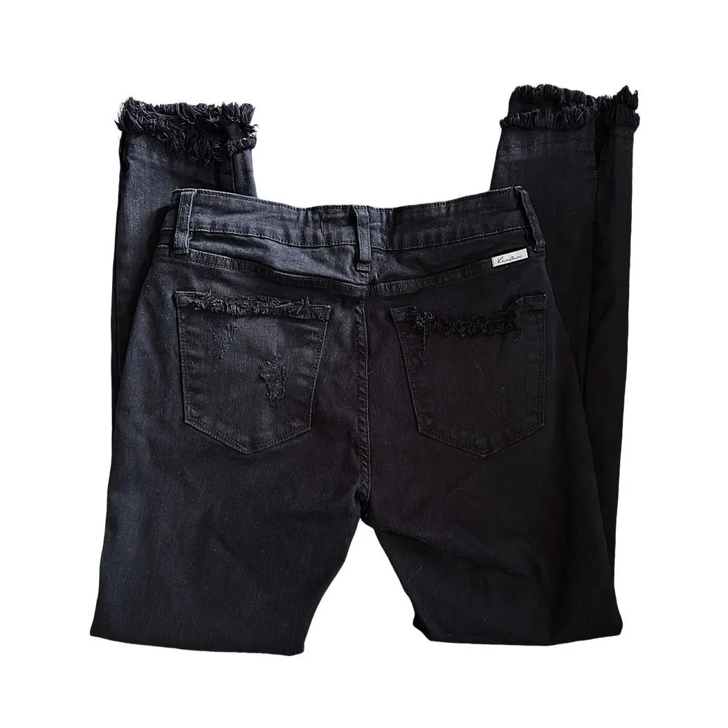 KANCAN Jeans Womens Black Skinny Mid Rise Distressed Fringe Hem Edgy Chic - Image 4