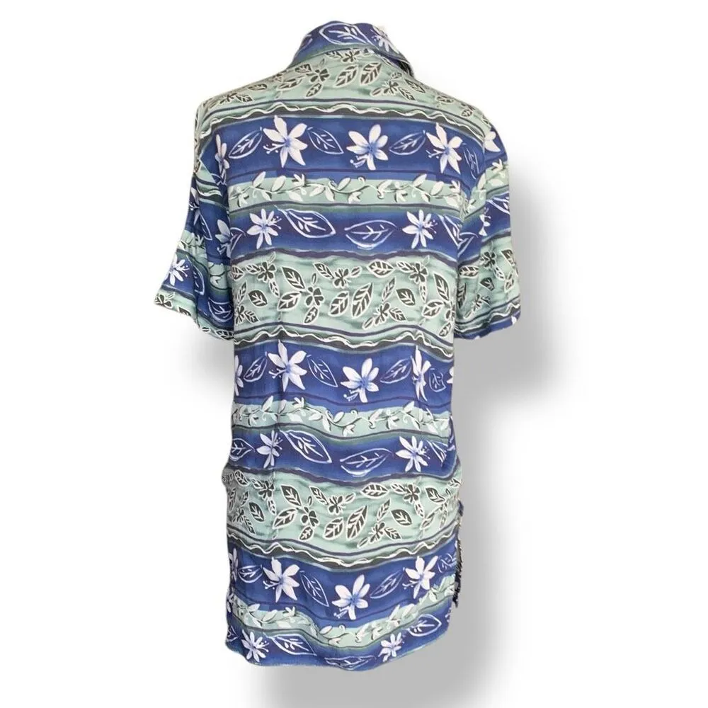 Vintage 90s Top Blue Green Floral Leaf Print Button Up Short Sleeve Shirt Small - Image 2