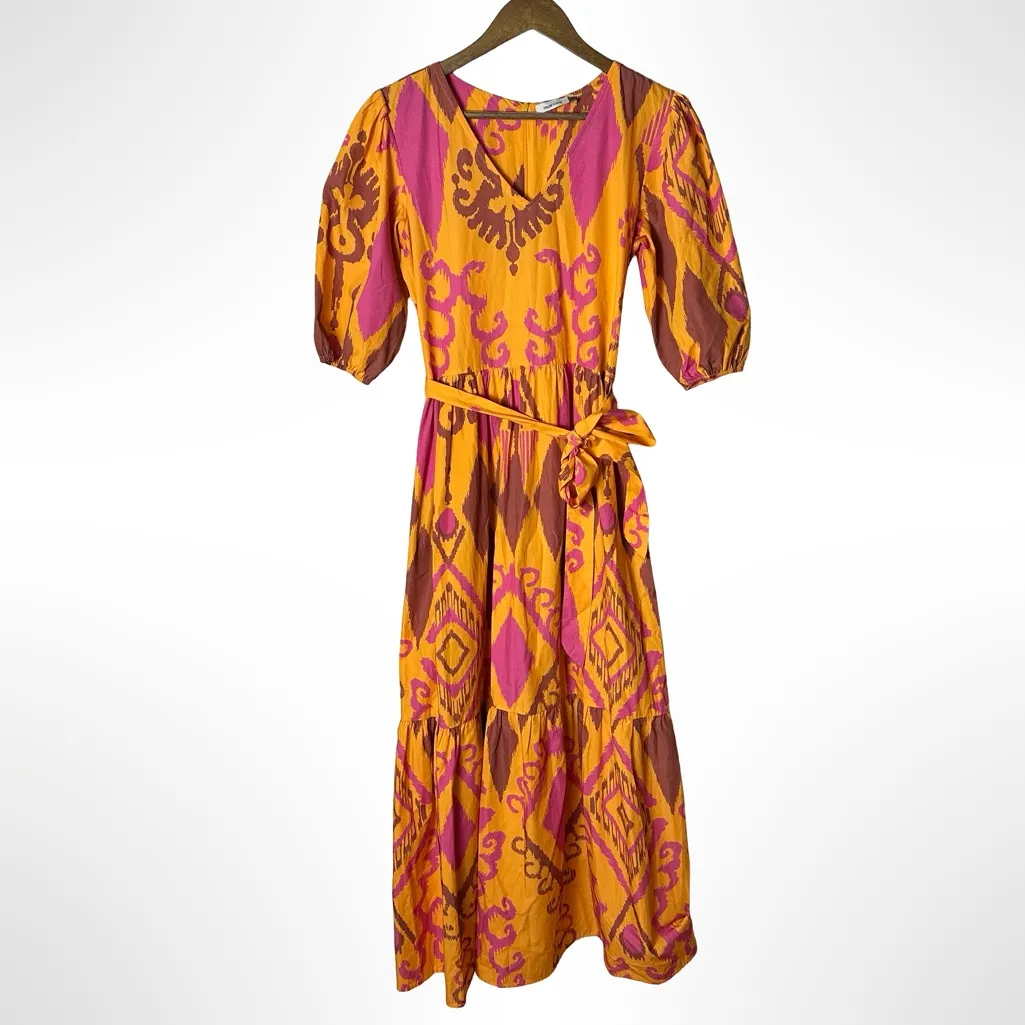 Maude Vivante Boho Ikat Cotton Maxi Dress Small Orange Pink - Image 4