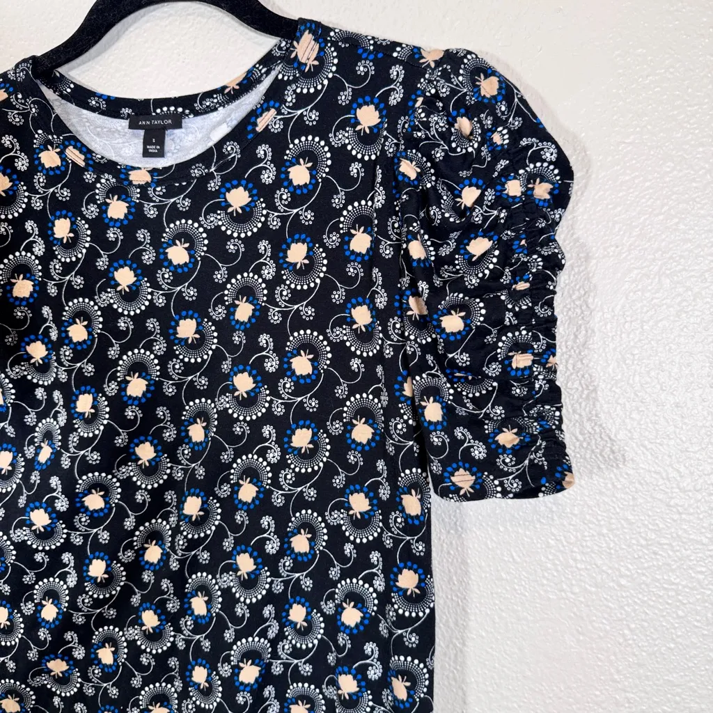 Ann Taylor Black Floral Ruched Sleeve Blouse Womens S Preppy Fall Classic Puff - Image 8