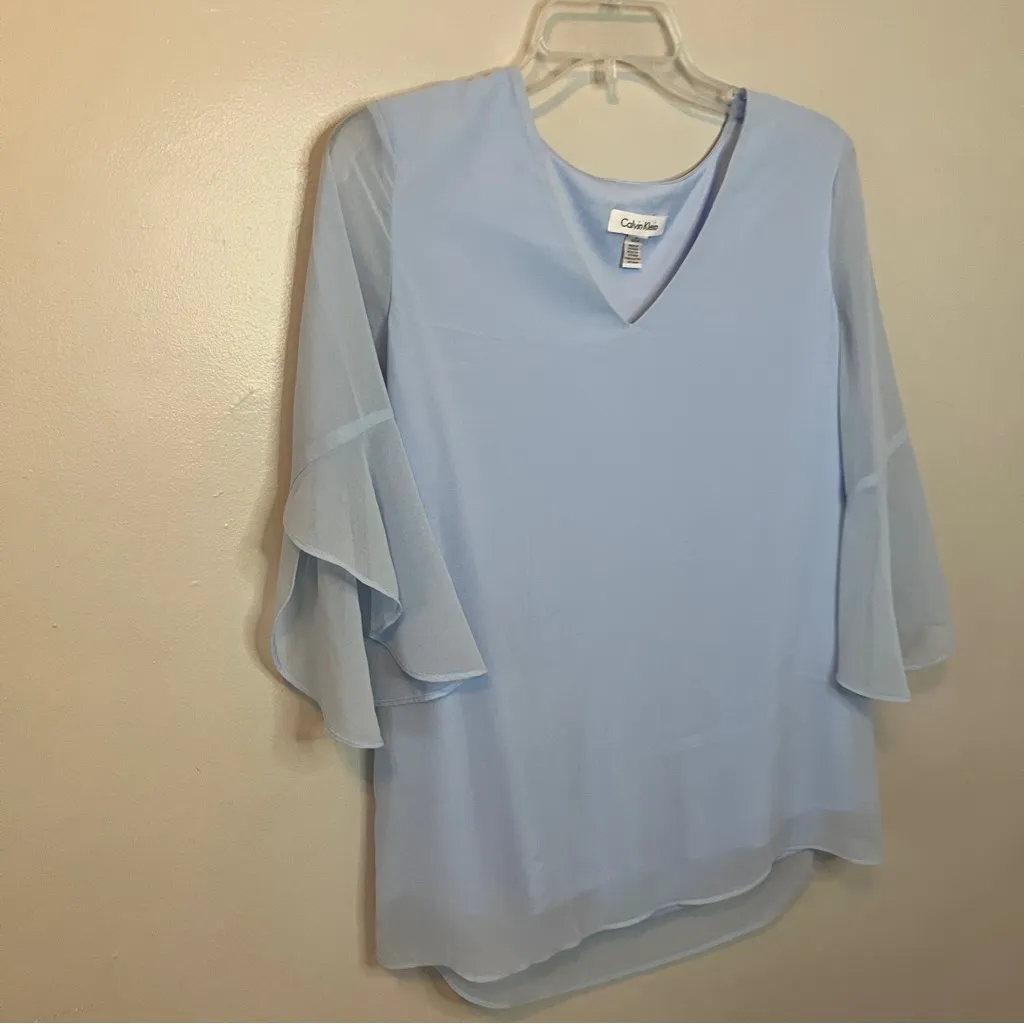 Calvin Klein Sky Blue V-Neck Blouse - Image 2