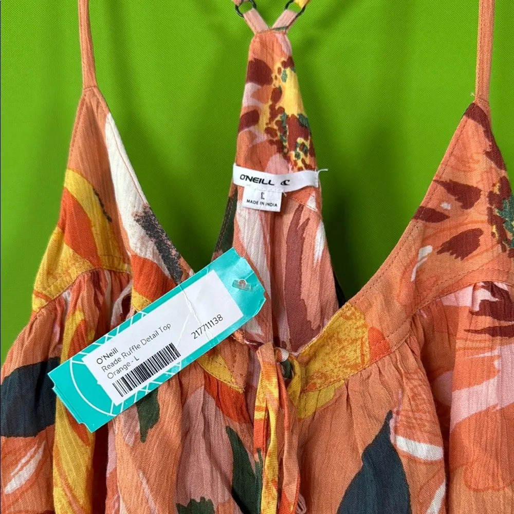 O'Neill Orange and Pink Ruffled Tie Front Tank Top - Image 2