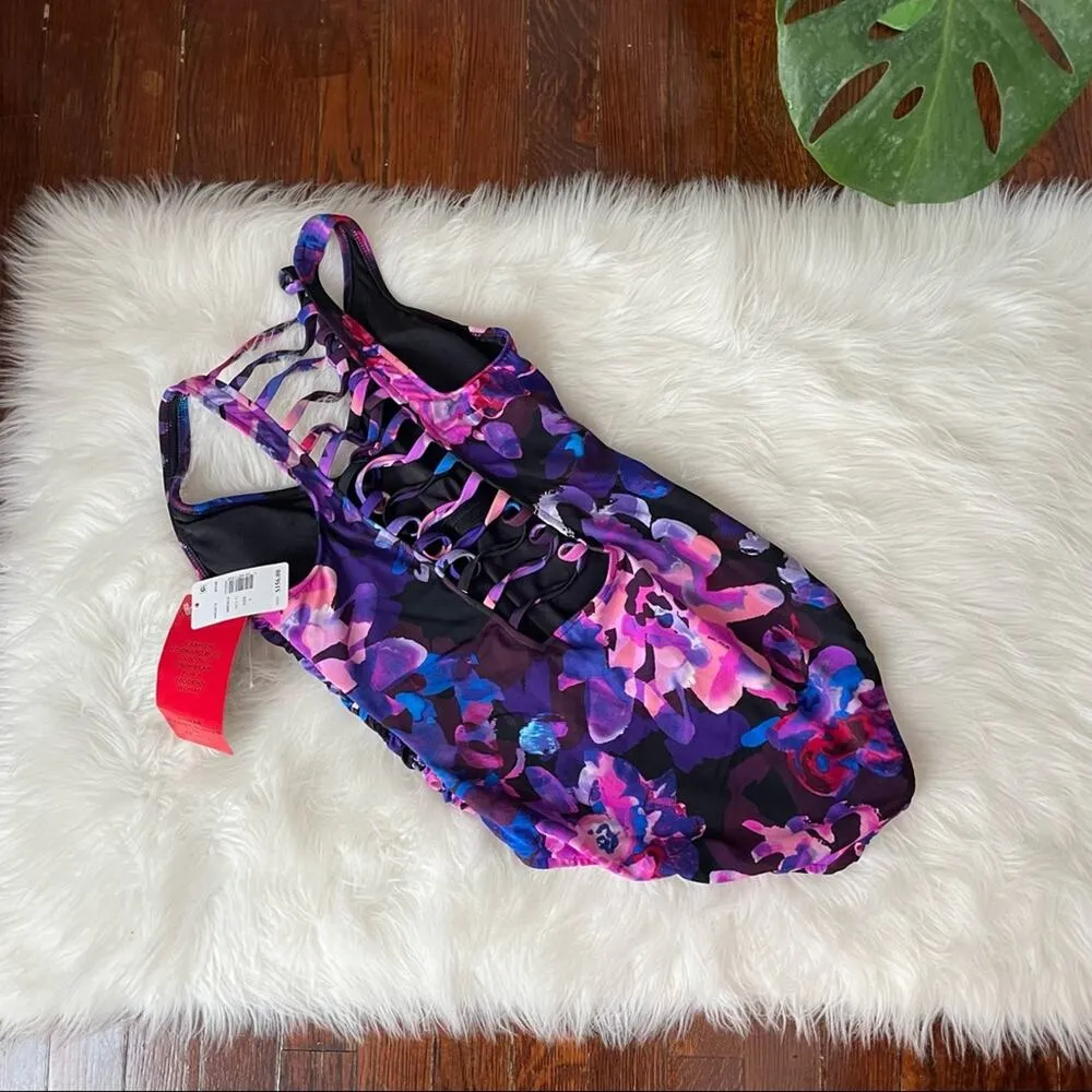 Magicsuit One Piece Swimsuit NWT Size 8 Strappy Floral Purple - Image 4