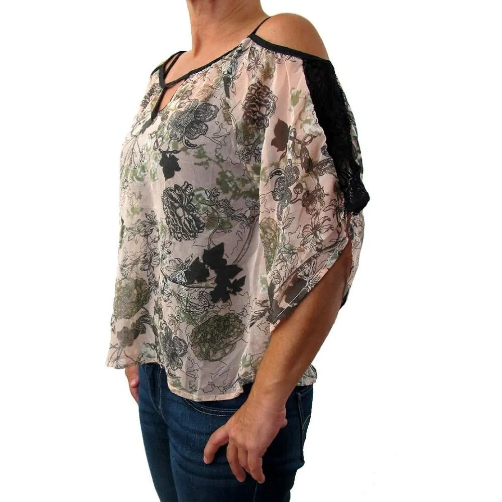 Angie‎ Clothing Blush Georgette Cold Shoulder Floral Sheer Blouse - M - Image 4