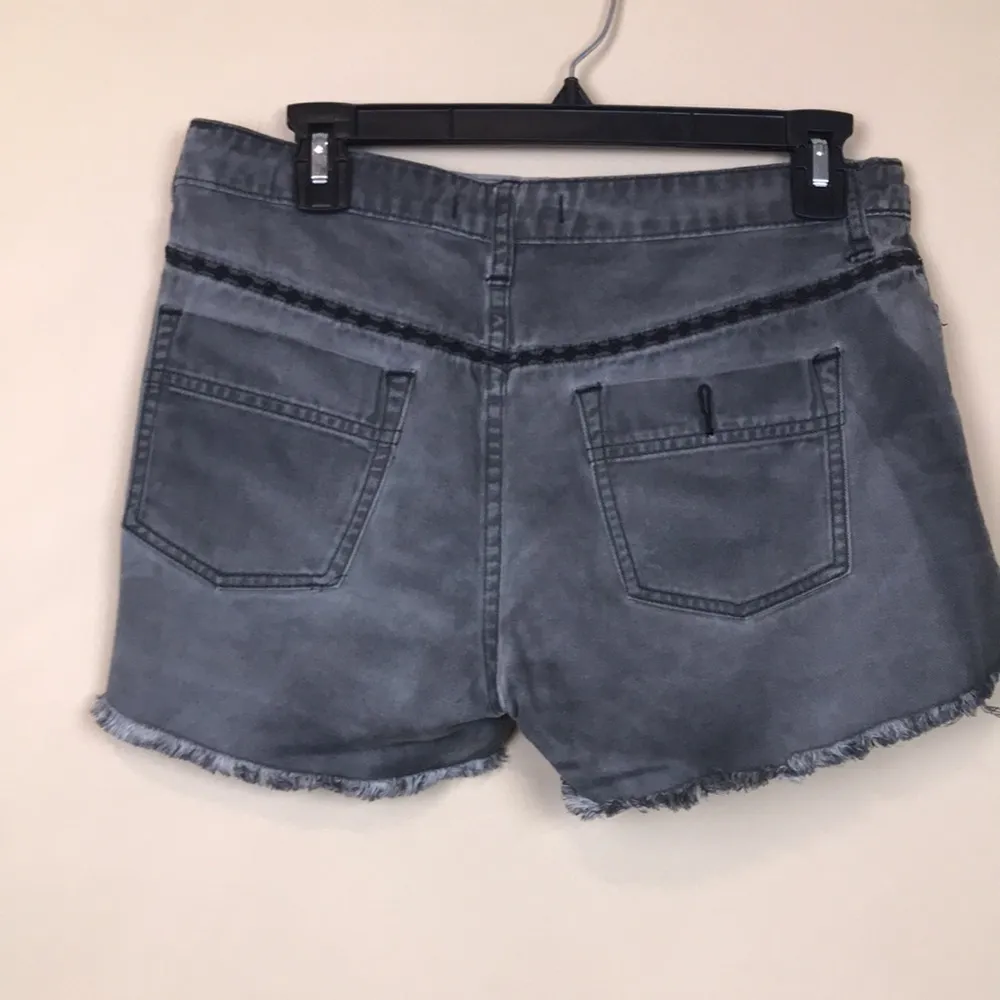 Free People Women’s Distressed Gray Black Rosettes Raw Hem Denim Jean Shorts - Image 6