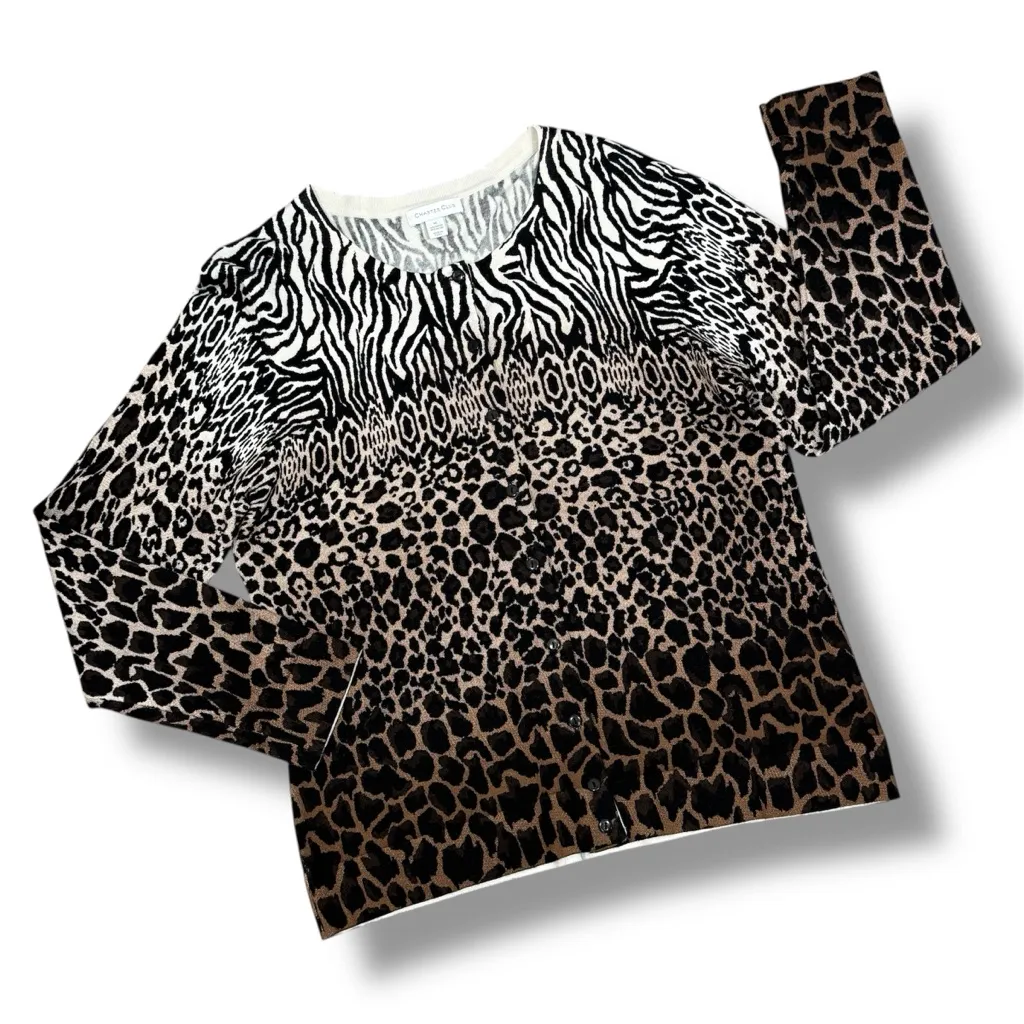 Charter Club Multi Animal Print Button Up Cardigan Sweater Tan Black Medium - Image 11