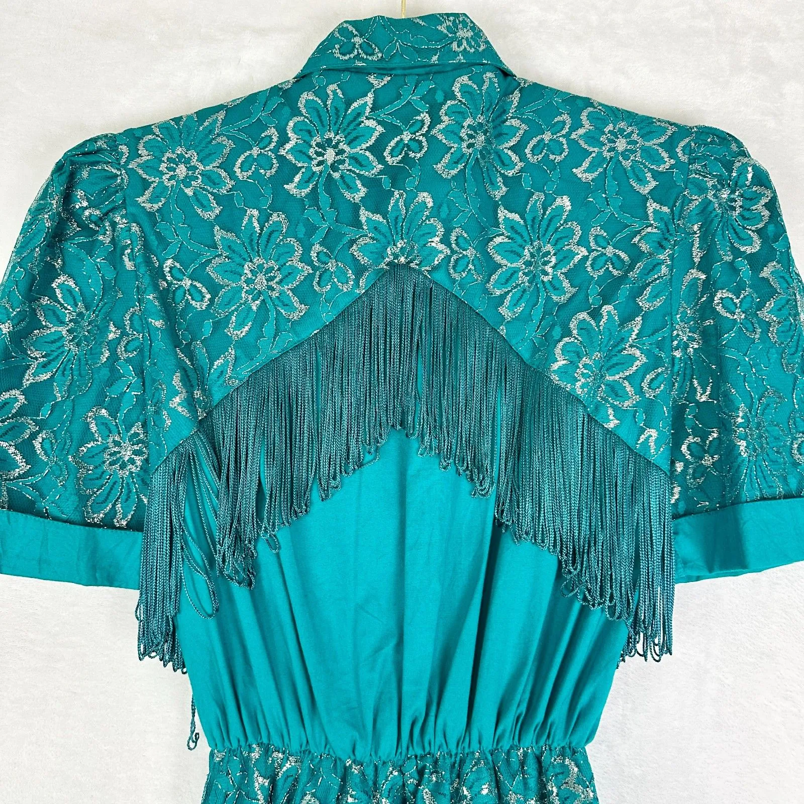 Lilia Smitty 80s Vintage Western Maxi Dress Size 3/4 Small Fringe Rodeo Lace Blue - Image 10