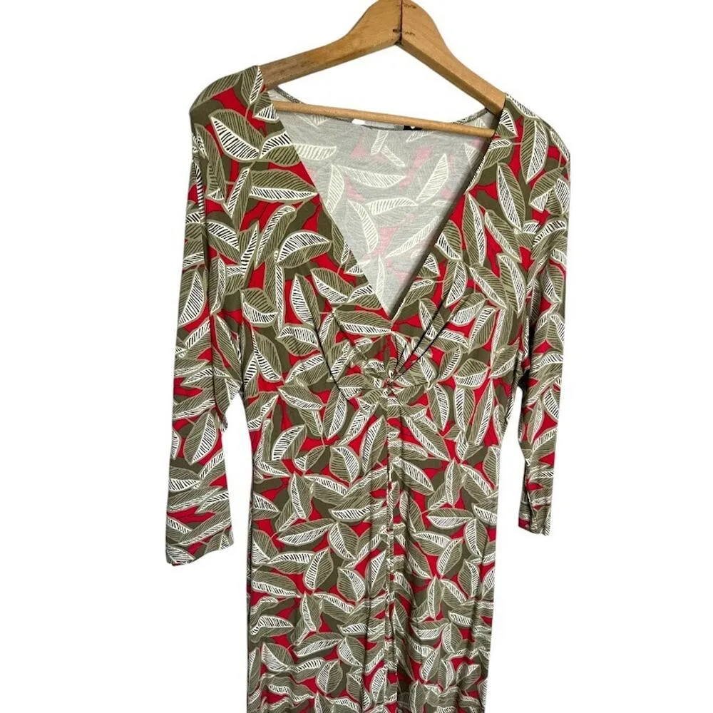 Boden Maxi Leaf Dress Tan Red Size 14 Knit 3/4 Long Sleeve V Neck Stretch Office - Image 2
