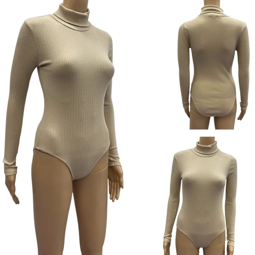 Ambiance Khaki Long Sleeve Ribbed Turtleneck Stretchy Bodysuit Top Women Small Tan - Image 2