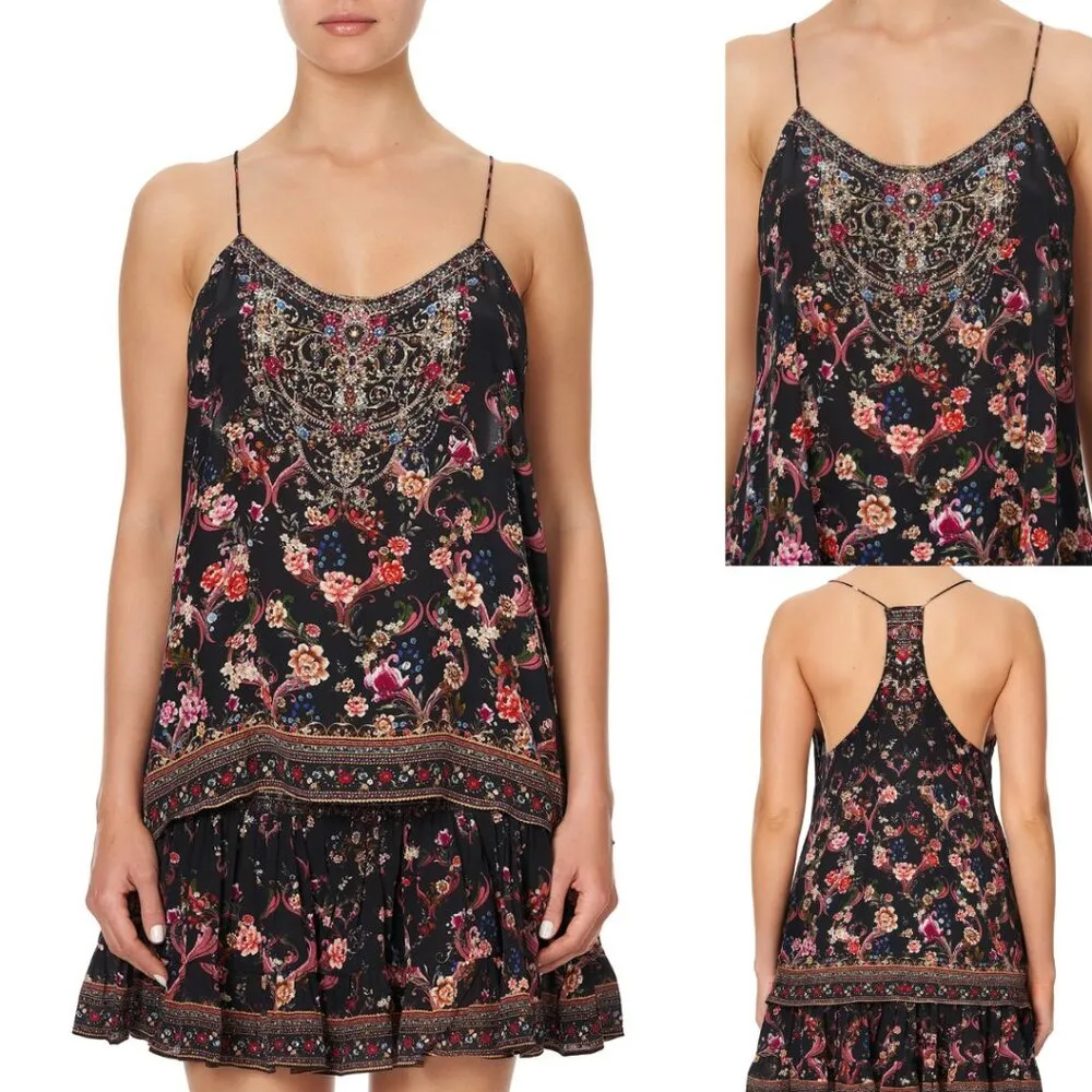 Camilla T Back Shoestring Tank Top A Girl Like You Crystal Beaded 100% Silk - Image 4