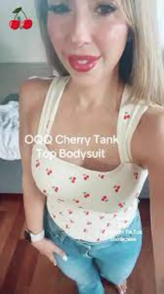 OQQ large light tan cherry, print, cute ribbed seamless, comfy bodysuit tank top Red - Image 2