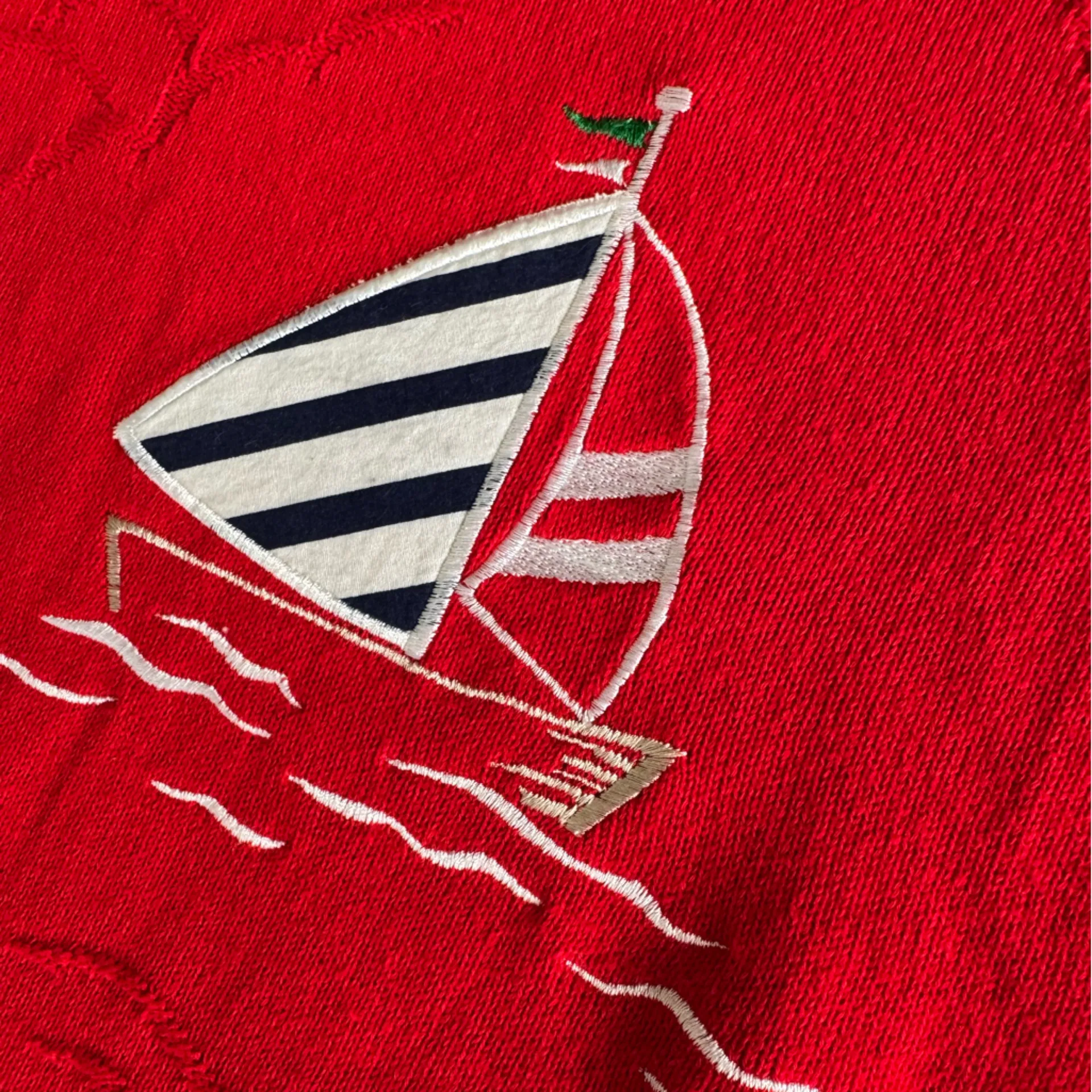 Vintage Company Collection Red White Blue Nautical Sailboat Short Sleeve Sweater Size L - Image 5