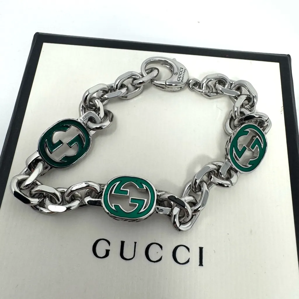 Gucci  Sterling Silver Interlocking G Enamel Chain Link Bracelet - Image 3