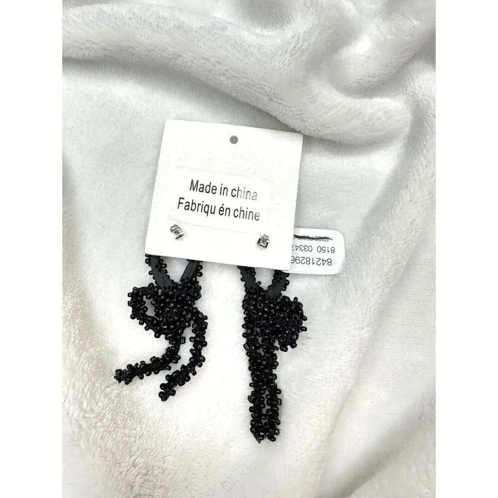 NEW Free People Brandy Bo Dangles Beaded Bow Earrings In Black Funky Sweet Woven - Image 2