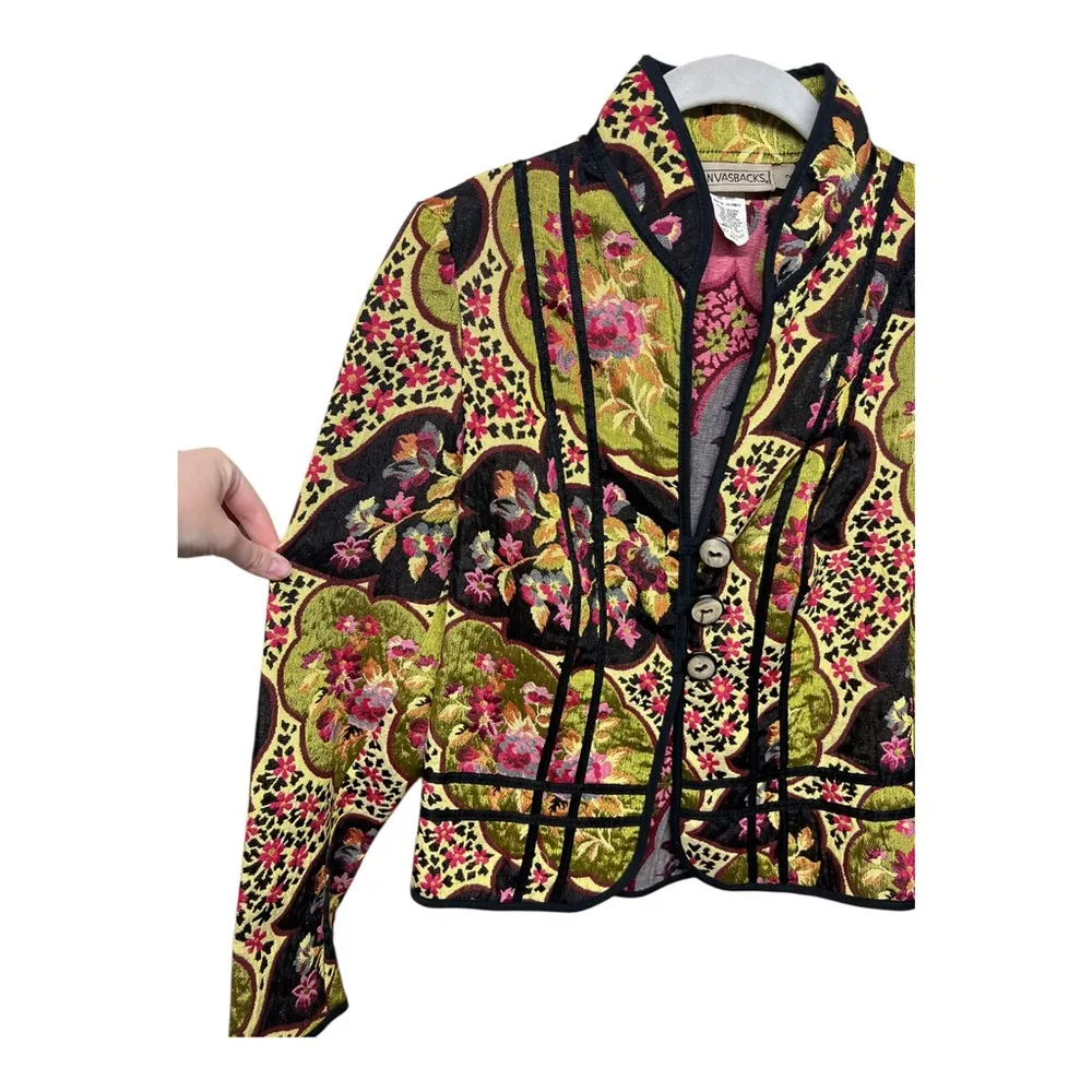 Vintage Tapestry Colorful, Boho Jacket 90’s Size 2 Green - Image 2