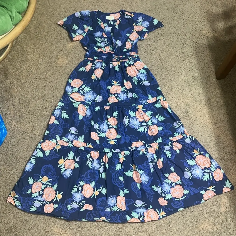 Anthropologie Maeve Somerset Maxi Dress Short‎ Sleeve Tier A-Line Navy Floral XS - Image 4