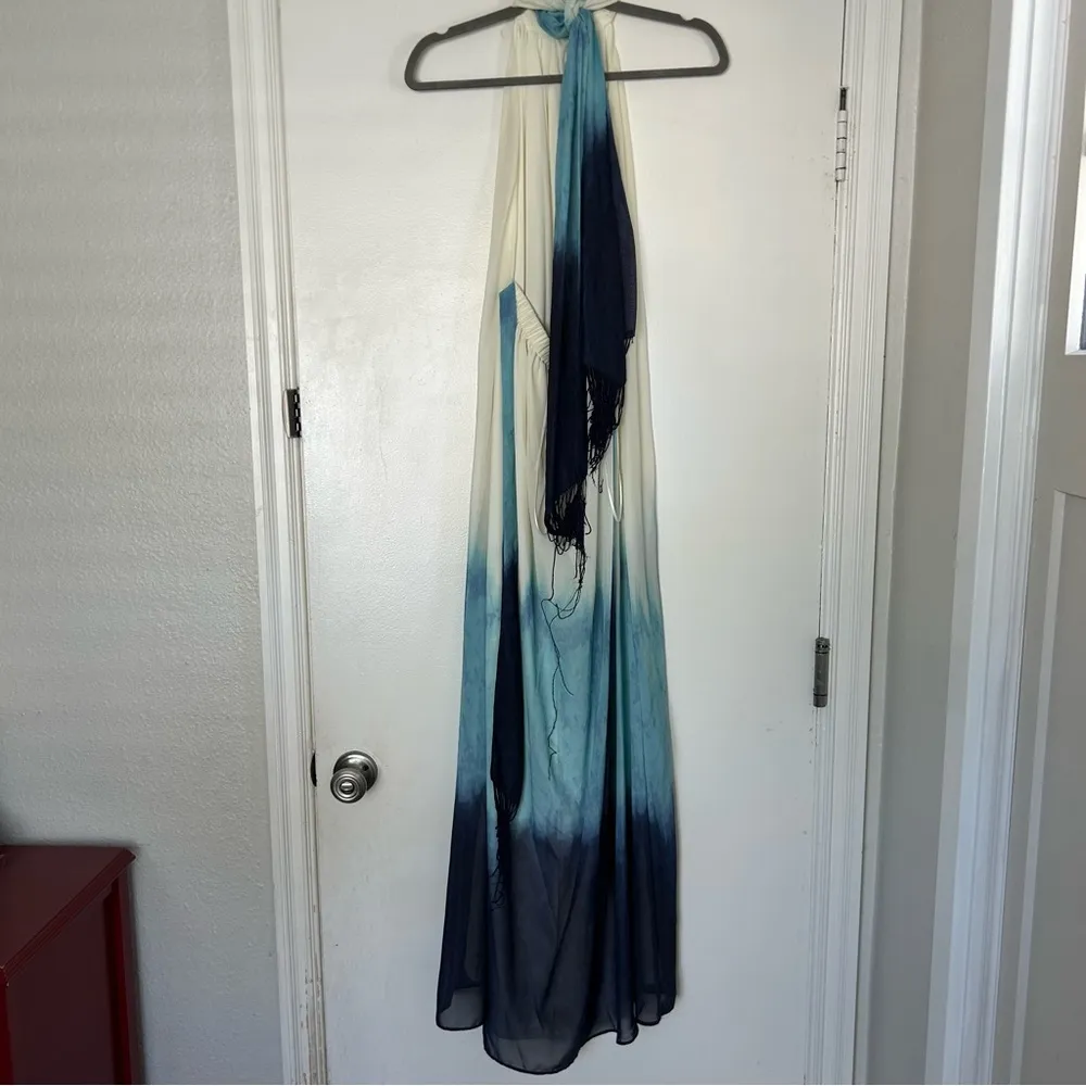 Luxxel Cream Blue Dip Dye Tie Neck Low Back Maxi Dress S - Image 2