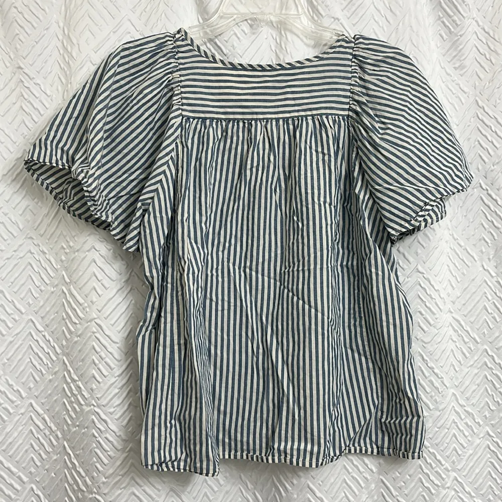 Madewell Courtyard Flutter Sleeve Top Blue Stripe Size Small - Image 5