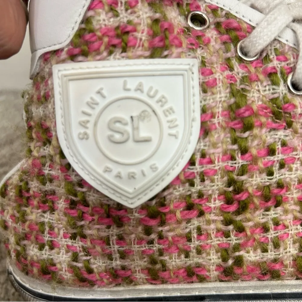 Saint Laurent MALIBU Bedford Tweed & Leather Sneaker size 40 / 9 pink white - Image 4