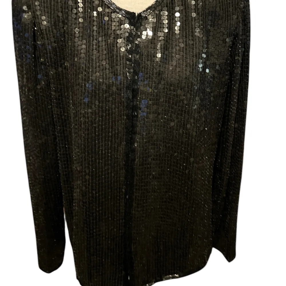 Vintage Stenay Beaded Sequin Silk Jacket Long Sleeve Black Hook & Eye Small Size M - Image 2
