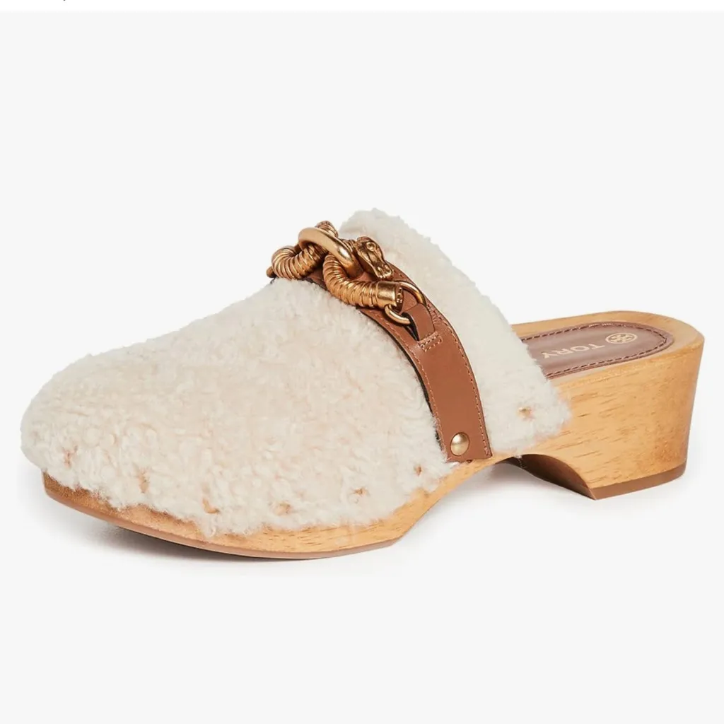 Tory Burch Women's Jessa Shearling Clogs, Buttermilk/Royal Tan size 10 - Image 2