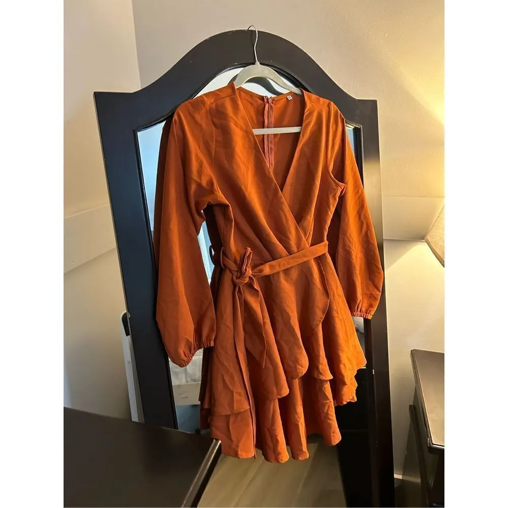 NEW ZESICA Casual Wrap V Neck Tie Waist Dress Rust XS Orange - Image 5