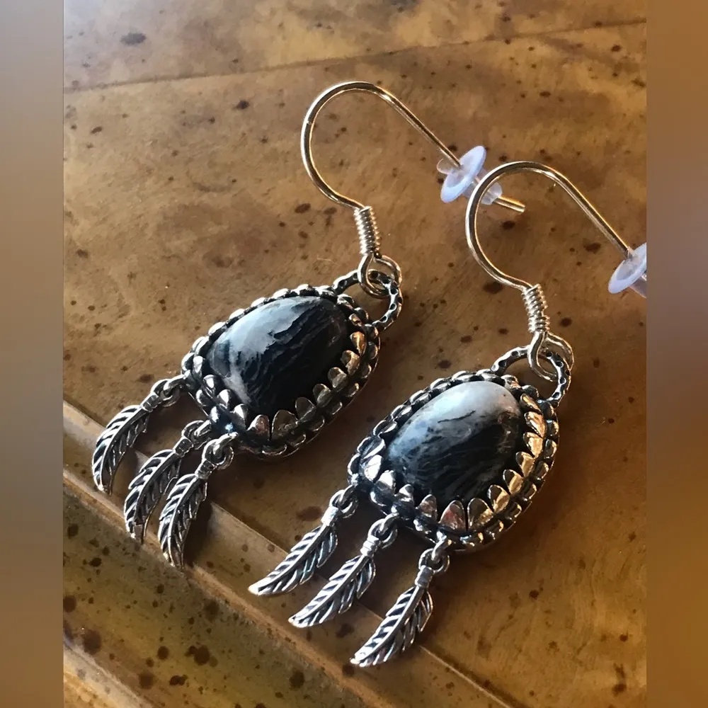 Natural White Buffalo Sterling Silver Feather Earrings - Image 2