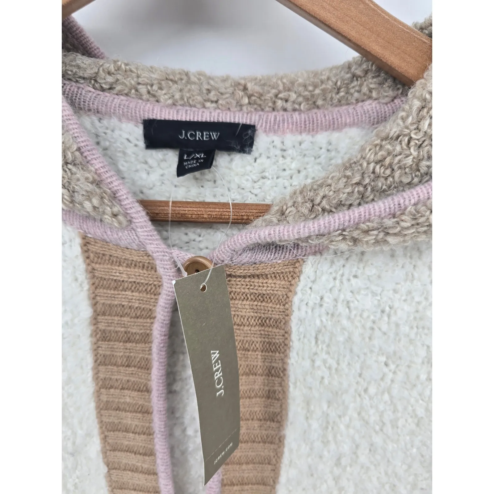 J. Crew LXL Colorblock Teddy Fleece Pullover Sweater Ivory Mocha Wool Wool Blend White Size L - Image 2