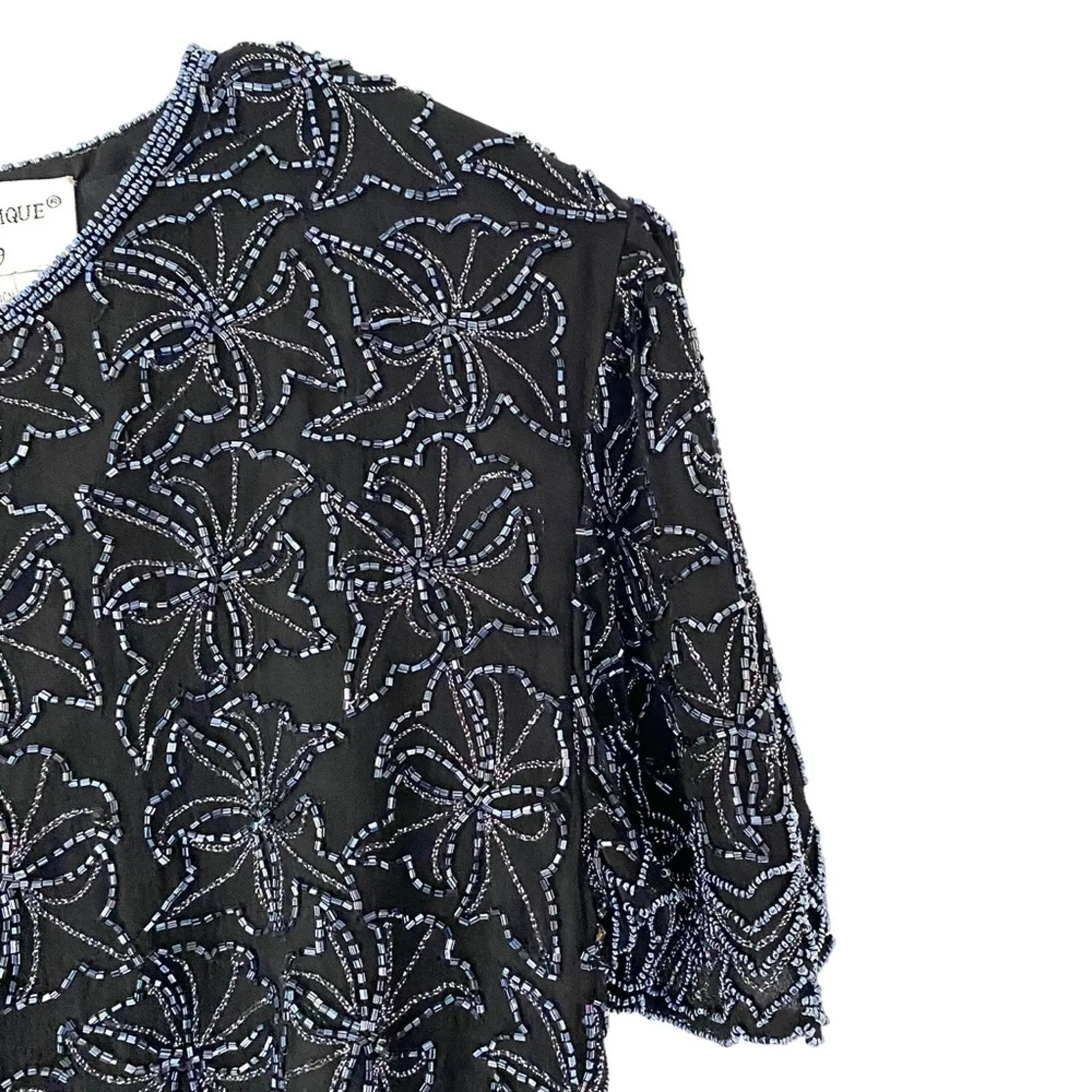 Papell Boutique Evening Black Blue Beaded Floral Embroidered Silk Cocktail Top - Image 2